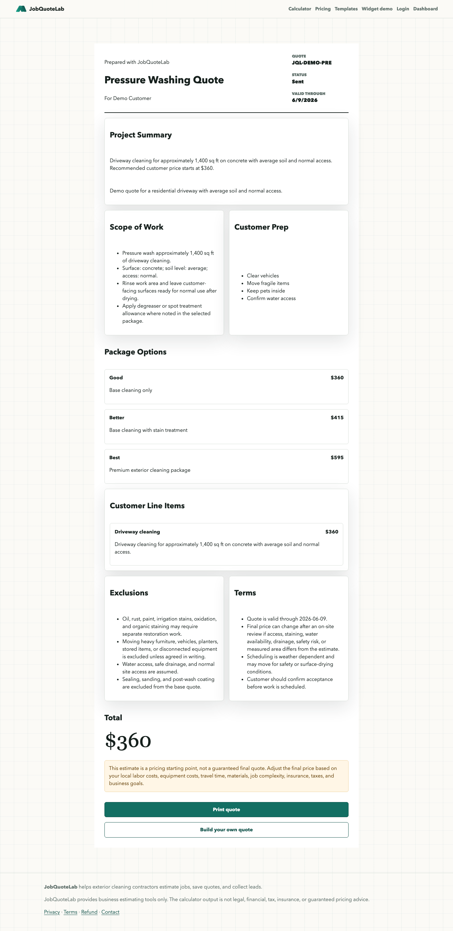 JobQuoteLab public pressure washing quote showing customer-safe scope, package options, total price, exclusions, and acceptance wording