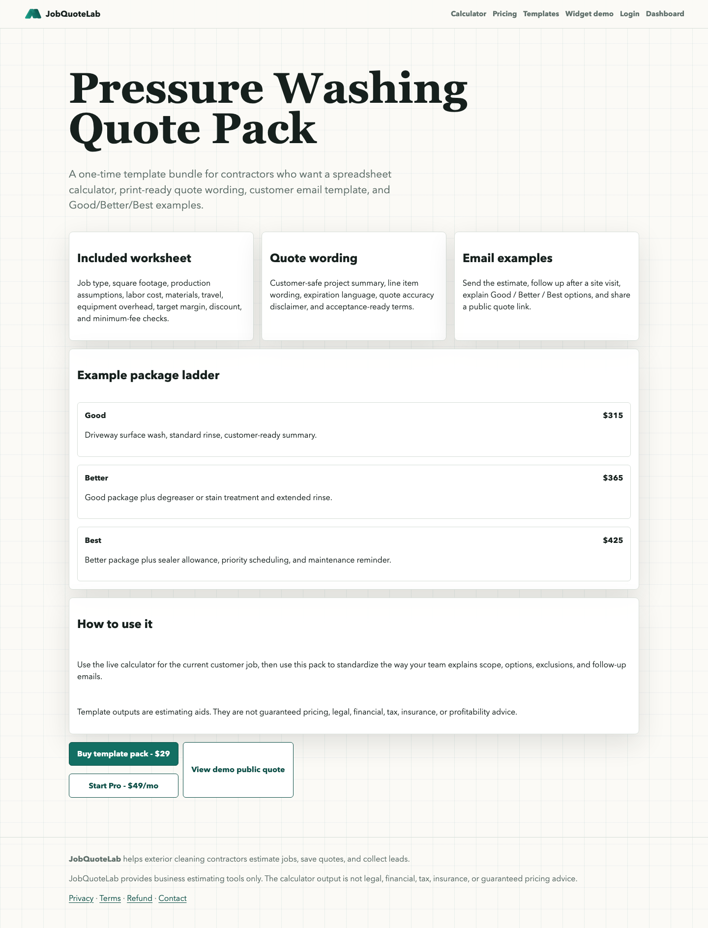 JobQuoteLab pressure washing quote pack page showing spreadsheet, quote wording, email templates, package examples, and field checklist